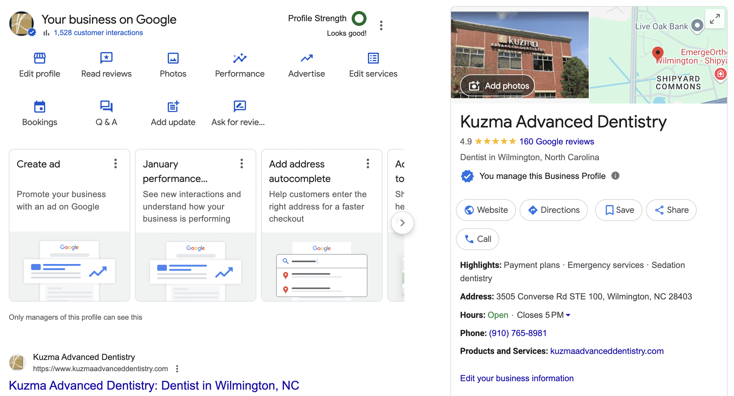 a dental Google Business Profile example